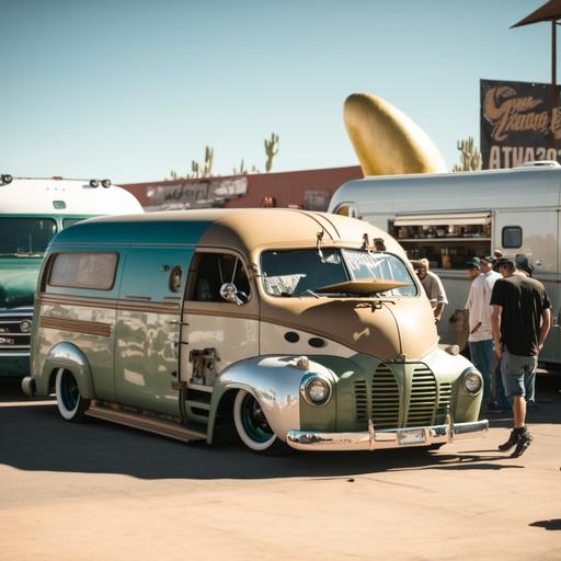 classic muscle van set up at a vendor fair with other classic cars around it, 4k, high resolution, people walking