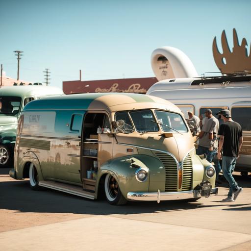classic muscle van set up at a vendor fair with other classic cars around it, 4k, high resolution, people walking