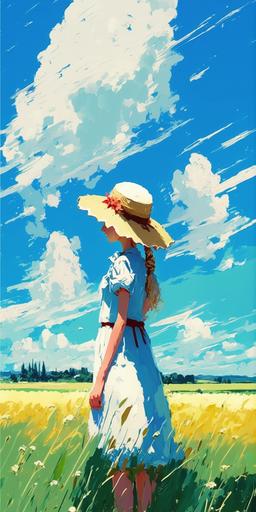 Stunning Anime Impressionist Scenery, Grassy Field, Anime Girl with a straw-hat, Summer, Clouds, blue sky, beautiful, lovely, in the style of Ana Maria Edulescu --ar 1:2