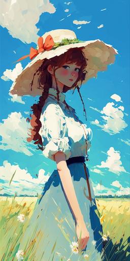 Stunning Anime Impressionist Scenery, Grassy Field, Anime Girl with a straw-hat, Summer, Clouds, blue sky, beautiful, lovely, in the style of Ana Maria Edulescu --ar 1:2