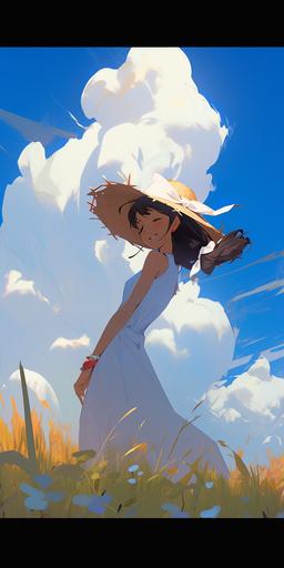 Stunning Anime Impressionist Scenery, Grassy Field, Anime Girl with a straw-hat, Summer, Clouds, blue sky, beautiful, lovely, in the style of Ana Maria Edulescu --ar 1:2 --niji 5 --style expressive