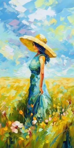Stunning Anime Impressionist Scenery, Grassy shamrock Field, Anime Girl with a straw-hat, Spring, Clouds, blue sky, beautiful, lovely, in the style of Ana Maria Edulescu --ar 1:2 --v 5
