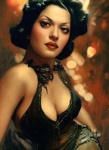 Stunning Aria Giovanni as a flapper, investigator in 1920, Artstation, by Frank Frazetta, by H.R. Giger, Magazine, Newspaper, Comic Book, Dramatic, Multiverse, 4k, Natural Lighting, Cinematic Lighting, Mycelium, insanely detailed and intricate, hypermaximalist, elegant, ornate, hyper realistic, super detailed, investigating, Nightmare of Cthulhu in the background, Call Of Cthulhu --w 1344 --h 1920 --test --creative