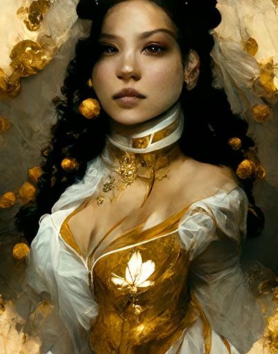 Stunning Aria Giovanni as a victorian princess, golden clothes, threatening, in motion, dynamic, 2d, character, style of Wakfu, full body, white balanced, light from front, --ar 3:4 --quality 5