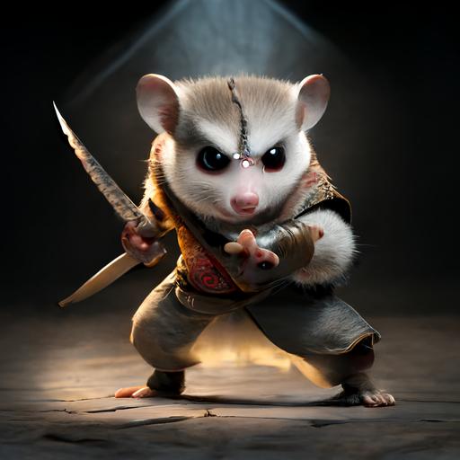 Stunning Pixar cartoon action pose, stunning cartoon martial arts opossum in martial arts pose with weapons, ultra funny, full shot, fighting eyes, realistic eyes, beautiful perfect symmetrical faces, extremely detailed, ultra hd, hdr, 8k, cinematic, dramatic lighting, studio Portrait Lighting, illuminated face, 85mm, volumetric lighting, ray tracing reflections, unreal render --upbeta --q 2 --v 4