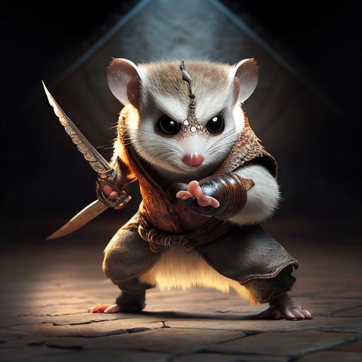 Stunning Pixar cartoon action pose, stunning cartoon martial arts opossum in martial arts pose with weapons, ultra funny, full shot, fighting eyes, realistic eyes, beautiful perfect symmetrical faces, extremely detailed, ultra hd, hdr, 8k, cinematic, dramatic lighting, studio Portrait Lighting, illuminated face, 85mm, volumetric lighting, ray tracing reflections, unreal render --upbeta --q 2 --v 4