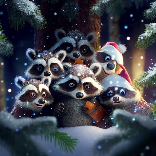 Stunning Pixar cartoon, many ultra cute funny goofy cartoon raccoons hiding in a Christmas tree, snowy forest, snowing, funny, adorable, snowing, frosty cold, snow, ultra funny, full shot, love in the eyes, realistic eyes, beautiful perfect symmetrical faces, extremely detailed, ultra hd, hdr, 8k, cinematic, dramatic lighting, studio Portrait Lighting, illuminated face, 85mm, volumetric lighting, ray tracing reflections, unreal render --upbeta --q 2 --v 4