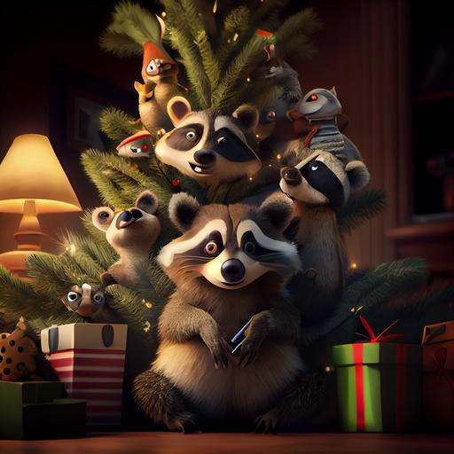 Stunning Pixar cartoon, many ultra cute funny goofy cartoon raccoons hiding in your Christmas tree, house with decorations, gifts, funny, cold, frosty, adorable, ultra funny, full shot, love in the eyes, realistic eyes, beautiful perfect symmetrical faces, extremely detailed, ultra hd, hdr, 8k, cinematic, dramatic lighting, studio Portrait Lighting, illuminated face, 85mm, volumetric lighting, ray tracing reflections, unreal render --upbeta --q 2 --v 4