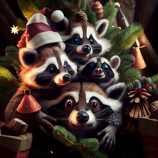 Stunning Pixar cartoon, many ultra cute funny goofy cartoon raccoons hiding in your Christmas tree, house with decorations, gifts, funny, cold, frosty, adorable, ultra funny, full shot, love in the eyes, realistic eyes, beautiful perfect symmetrical faces, extremely detailed, ultra hd, hdr, 8k, cinematic, dramatic lighting, studio Portrait Lighting, illuminated face, 85mm, volumetric lighting, ray tracing reflections, unreal render --upbeta --q 2 --v 4