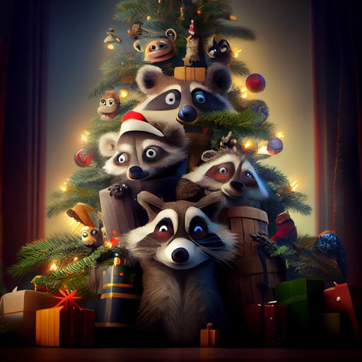 Stunning Pixar cartoon, many ultra cute funny goofy cartoon raccoons hiding in your Christmas tree, house with decorations, gifts, funny, cold, frosty, adorable, ultra funny, full shot, love in the eyes, realistic eyes, beautiful perfect symmetrical faces, extremely detailed, ultra hd, hdr, 8k, cinematic, dramatic lighting, studio Portrait Lighting, illuminated face, 85mm, volumetric lighting, ray tracing reflections, unreal render --upbeta --q 2 --v 4