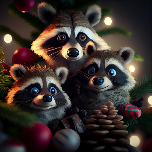 Stunning Pixar cartoon, many ultra cute funny goofy cartoon raccoons hiding in your Christmas tree, house with decorations, gifts, funny, cold, frosty, adorable, ultra funny, full shot, love in the eyes, realistic eyes, beautiful perfect symmetrical faces, extremely detailed, ultra hd, hdr, 8k, cinematic, dramatic lighting, studio Portrait Lighting, illuminated face, 85mm, volumetric lighting, ray tracing reflections, unreal render --upbeta --q 2 --v 4