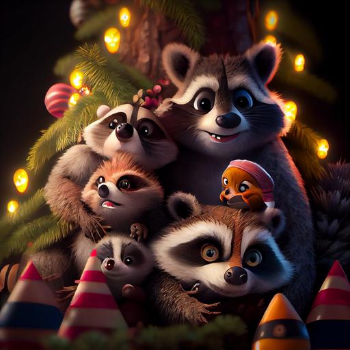 Stunning Pixar cartoon, many ultra cute funny goofy cartoon raccoons hiding in your Christmas tree, house with decorations, gifts, funny, cold, frosty, adorable, ultra funny, full shot, love in the eyes, realistic eyes, beautiful perfect symmetrical faces, extremely detailed, ultra hd, hdr, 8k, cinematic, dramatic lighting, studio Portrait Lighting, illuminated face, 85mm, volumetric lighting, ray tracing reflections, unreal render --upbeta --q 2 --v 4