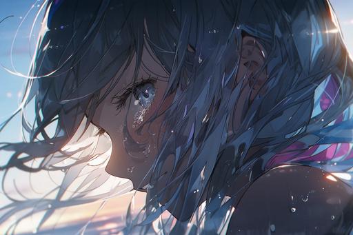 Stunning anime cartoon low angle stunning cool blue and purple sunset, face of ultra stunning screaming anime girl character crying to the gods above her in pain with tears in her eyes, ultra stunning lighting, sad, heartbreak, misty fog, Stanley Artgerm Lau style, beautifully color - coded, extremely detailed, unreal render --ar 3:2 --upbeta --q 2 --s 250 --niji 5