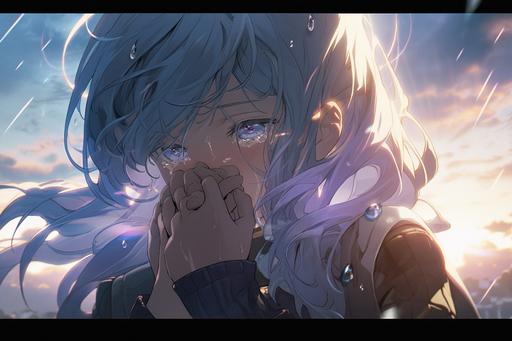 Stunning anime cartoon low angle stunning cool blue and purple sunset, stunning screaming anime girl character crying to the gods above her in pain with tears in her eyes, ultra stunning lighting, sad, heartbreak, misty fog, Stanley Artgerm Lau style, beautifully color - coded, extremely detailed, unreal render --ar 3:2 --upbeta --q 2 --s 250 --niji 5