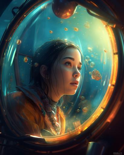 Stunning cartoon high angle forced perspective unreal render bubble submarine, stunning submarine girl character looking up out of a submarine window at many swirling rising bubbles, ultra stunning lighting, stunning submarine girl, full shot, love in eyes, realistic eyes, beautiful perfect symmetrical face, Stanley Artgerm Lau style, beautifully color - coded, extremely detailed, ultra hd, hdr, 8k, cinematic, dramatic lighting, studio Portrait Lighting, illuminated face, 85mm, volumetric lighting, ray tracing reflections, unreal render --ar 4:5 --upbeta --q 2 --v 5 --s 250