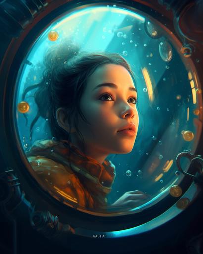 Stunning cartoon high angle forced perspective unreal render bubble submarine, stunning submarine girl character looking up out of a submarine window at many swirling rising bubbles, ultra stunning lighting, stunning submarine girl, full shot, love in eyes, realistic eyes, beautiful perfect symmetrical face, Stanley Artgerm Lau style, beautifully color - coded, extremely detailed, ultra hd, hdr, 8k, cinematic, dramatic lighting, studio Portrait Lighting, illuminated face, 85mm, volumetric lighting, ray tracing reflections, unreal render --ar 4:5 --upbeta --q 2 --v 5 --s 250