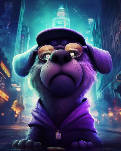 Stunning disney pixar cartoon low angle action pose, stunning ultra fuzzy round fluffy fat purple ultra cute fat dog gangster character with glasses and a black hooie, ultra stunning magic lighting from above, foggy swirling mist, glowing magic from hoodie, many tall money stacks, fat, round, cute, ultra stunning big eyes, Stanley Artgerm Lau style, beautifully color - coded, unreal render --ar 4:5 --upbeta --q 2 --s 250 --v 5