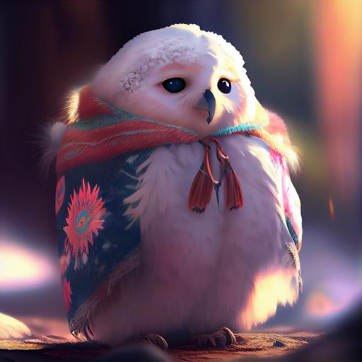 Stunning disney pixar cartoon snowing, stunning native american ultra fuzzy cartoon snow owl character in bright sun wearing a ultra puffy fuzzy white parka jacket with fur in the snowy forest, snowing, indian village, funny, round, fat, cute, Stanley Artgerm Lau style, beautifully color - coded, unreal render --upbeta --q 2 --v 4 --s 250