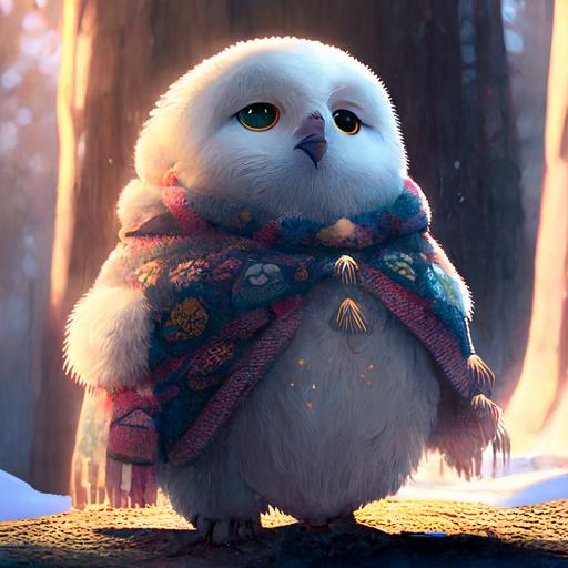 Stunning disney pixar cartoon snowing, stunning native american ultra fuzzy cartoon snow owl character in bright sun wearing a ultra puffy fuzzy white parka jacket with fur in the snowy forest, snowing, indian village, funny, round, fat, cute, Stanley Artgerm Lau style, beautifully color - coded, unreal render --upbeta --q 2 --v 4 --s 250