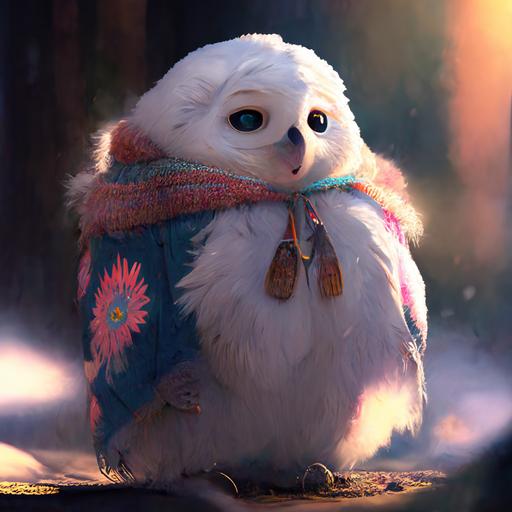 Stunning disney pixar cartoon snowing, stunning native american ultra fuzzy cartoon snow owl character in bright sun wearing a ultra puffy fuzzy white parka jacket with fur in the snowy forest, snowing, indian village, funny, round, fat, cute, Stanley Artgerm Lau style, beautifully color - coded, unreal render --upbeta --q 2 --v 4 --s 250