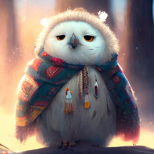 Stunning disney pixar cartoon snowing, stunning ultra fuzzy cartoon native american snow owl character in headdress and in bright sun wearing a ultra puffy fuzzy white parka jacket with fur in the snowy forest, snowing, indian village, funny, round, fat, cute, Stanley Artgerm Lau style, beautifully color - coded, unreal render --upbeta --q 2 --v 4 --s 250