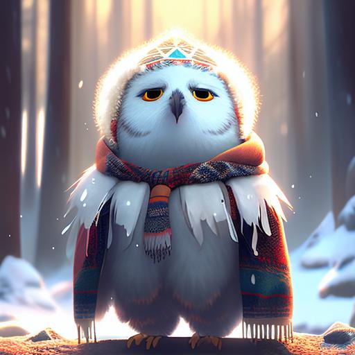 Stunning disney pixar cartoon snowing, stunning ultra fuzzy cartoon native american snow owl character in headdress and in bright sun wearing a ultra puffy fuzzy white parka jacket with fur in the snowy forest, snowing, indian village, funny, round, fat, cute, Stanley Artgerm Lau style, beautifully color - coded, unreal render --upbeta --q 2 --v 4 --s 250