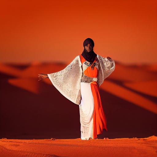 Stunning female arcanist “Chasity Samone”--2 standing in an Arabian desert, Arabian style, beautiful minarets in beautiful background, tight orange beaded kokoshnik, long white hair, wearing orange and black robe, open front, orange bra, orange sarong, bare legs, 70mm, vogue, ray tracing,  symmetrical face, two big symmetrical eyes, octane render, movie still, ambient occlusion  --testp --upbeta