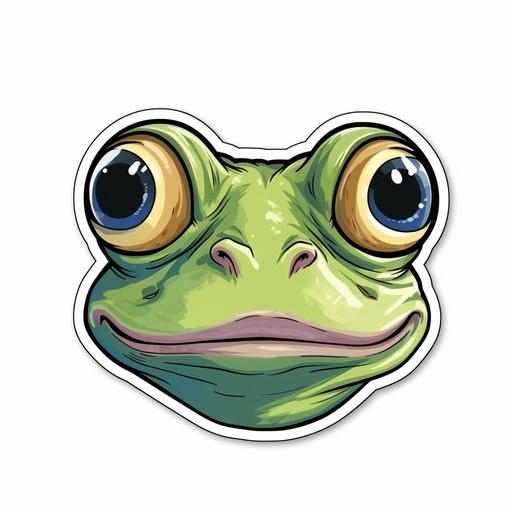 Stupid and funny looking portrait, head only, of a green frog, cartoon look, sticker, cut out sticker style