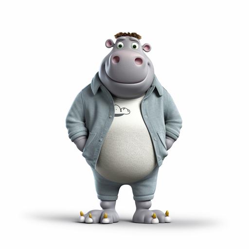 Stylised 3D character hippo that looks like the HERO 6 characther on white background, standing upright, round belly, serious face, in grey colours with crocs shoes on