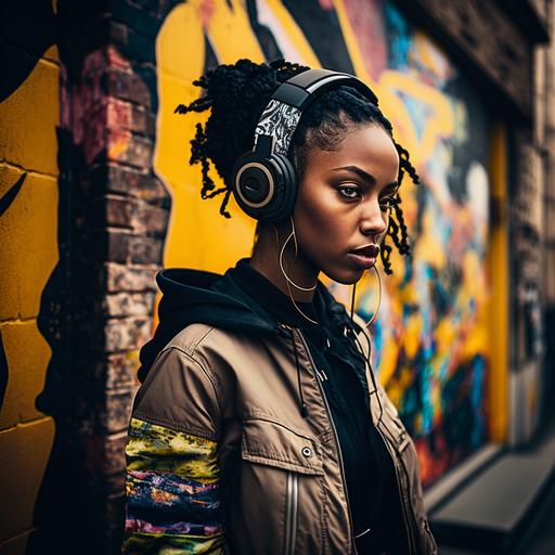 Stylish black girl on the street with headphones, rapping, in front of graffitied wall