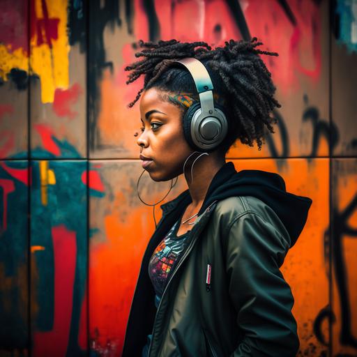 Stylish black girl on the street with headphones, rapping, in front of graffitied wall