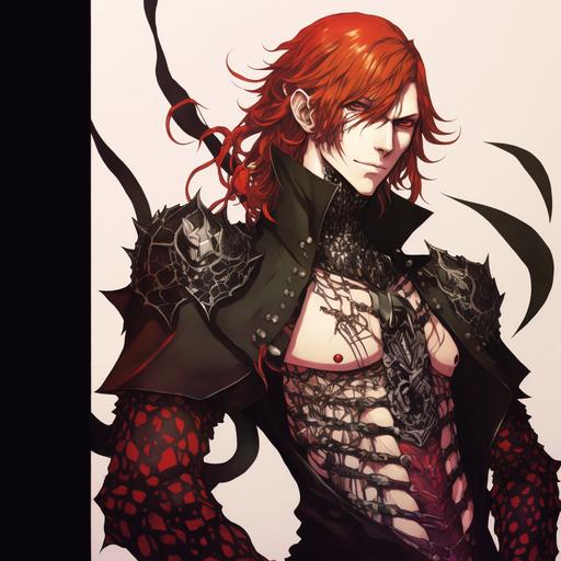 Stylish full body promotional art featuring an androgynous man with long crimson hair and pale skin wearing black glam rock clothes, fishnet shirt and Hannibal mask from shin megami tensei persona 5