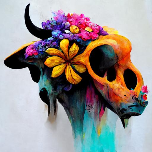 Stylistic, 4k cow skull with colorful flowers between horns