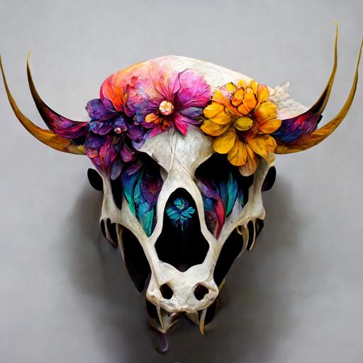 Stylistic, 4k cow skull with colorful flowers between horns