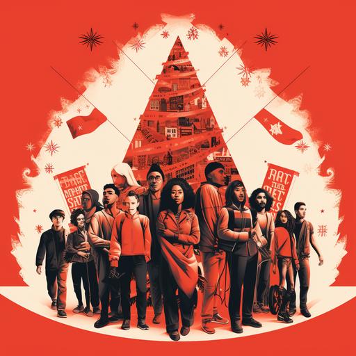 Stylized red Christmas tree with people of different ethnicities and ages standing around carrying protest posters.