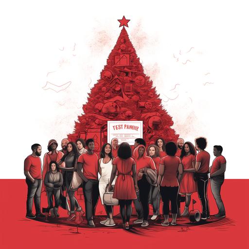 Stylized red Christmas tree with people of different ethnicities and ages standing around carrying protest posters.