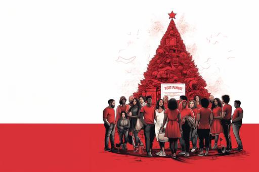 Stylized red Christmas tree with people of different ethnicities and ages standing around carrying protest posters.