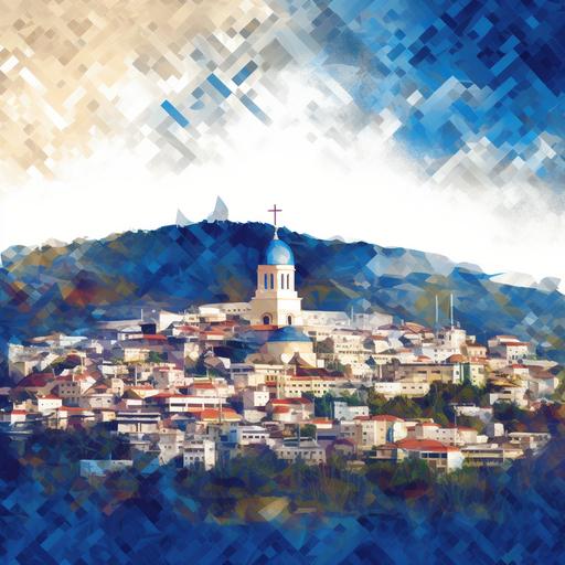 Stylized skyline of Tegucigalpa, the capital of Honduras, against a backdrop of the Honduran flag colors