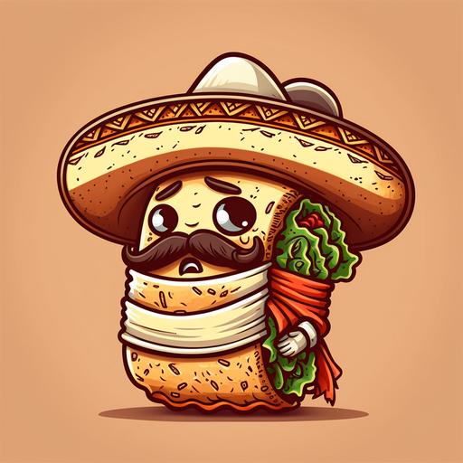 Mexican cartoon burrito with a sombrero and a large handlebar mustache, 90s cation art --v 4