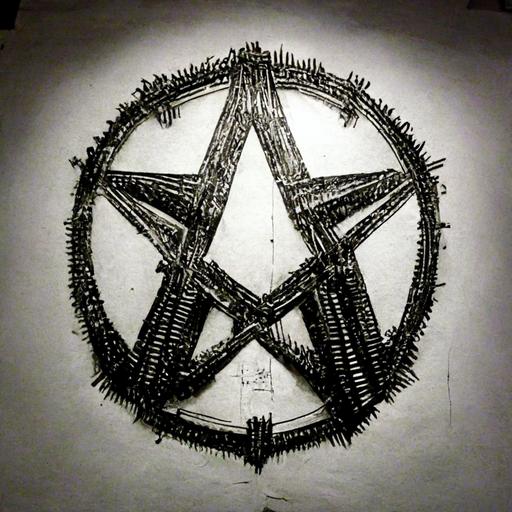 pentagram made of guns, pen and ink