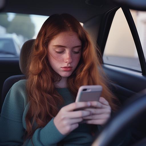 Subject: early 20’s red haired student, looking into middle distance, holding cell phone, driver’s seat of a Mazda 929 sedan, in the style of Mary Ellen Mark Subject Position: center of photo, close up, sitting at driver’s side window holding phone, journalistic, Subject Focus: flat, even focus, documentary Subject Wearing: luxury green sweater, Environment: inside of car parked in a quiet parking lot Environment Focus: far background out of focus Environment Description: empty parking lot on rainy morning, Emotion: emotional, accomplishment, pain, Lighting: soft lighting, even lighting, ambient light from phone, daylight Time of Day: late morning Textures: soft faded colors after rain Atmosphere: in the style of Mary Ellen Mark, spiritual, growth, lightness Camera: 22 Megapixels 35mm lens, f/1.8 Filmstock: Imax 70mm detailed, --sref  --v 6.0