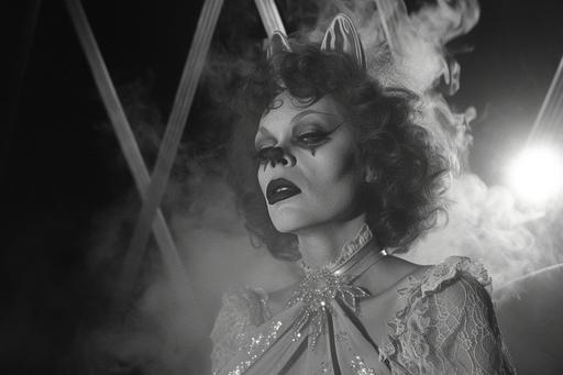 Subtitled Dutch underground documentary on drag queen Lilith sitting on the devil's throne looking like a proper little vintage demon in v lace dress outfit with bunny ears surrounded by cigarette smoke. Found footage, black and white, understated lighting, pensive faces. Wunderkammer style art deco triangle backgrounds. 1979. --ar 3:2 --v 6.0