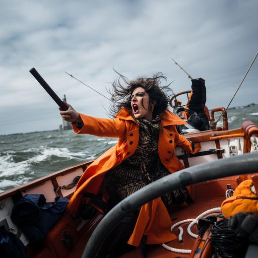 Suella Braverman, cruella braverman, wearing a long heavy coat made from orange life jackets, looking angry and pointing at a dinghy in the sea