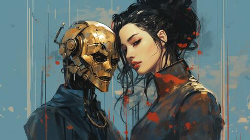 Sumi-e | by mierlu::0 A sketchy sketch of a couple jaingshi artist, tsunami e-sumi-emo cyborg love-bot, cyan rain, gold accents, red signal, an elegant backdrop is suggested, space across them --ar 16:9
