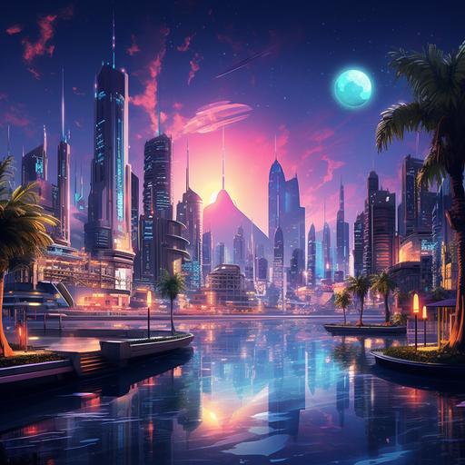 Summer sci-fi city , neon summer, cityscape futuristic