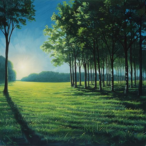 Sun down simple landscape of some grass, a slight wall of trees taking up about a quarter of the scene, an opening with several stand alone trees on the other side, rich green color, and blue sky, realistic