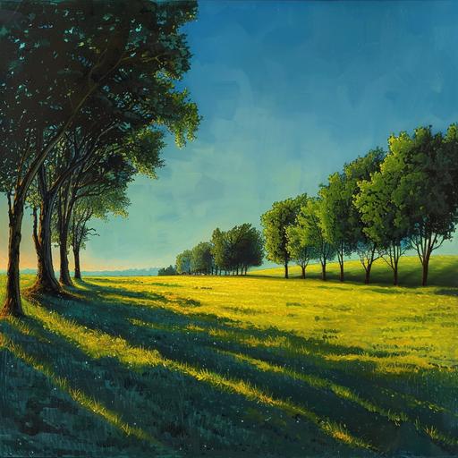 Sun down simple landscape of some grass, a slight wall of trees taking up about a quarter of the scene, an opening with several stand alone trees on the other side, rich green color, and blue sky, realistic