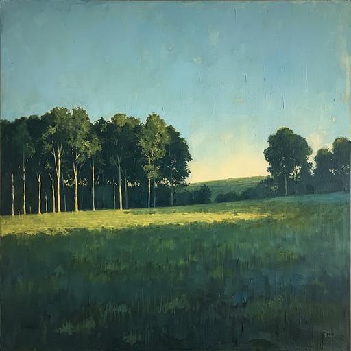 Sun down simple landscape of some grass, a slight wall of trees taking up about a quarter of the scene, an opening with several stand alone trees on the other side, rich green color, and blue sky, oil painting.