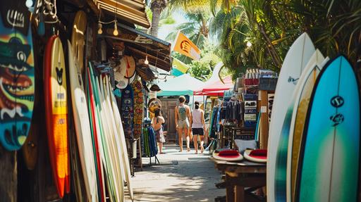 Sun-drenched garage sale in a quaint beach town, bustling with cheerful locals::20 Vibrant stalls filled with colorful pop art, surf culture memorabilia, and whimsical beachside decor::15 Happy families and surfers mingling, set against a backdrop of pastel coastal architecture and lush palm trees::10 --ar 16:9 --v 6.0