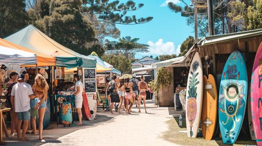 Sun-drenched garage sale in a quaint beach town, bustling with cheerful locals::20 Vibrant stalls filled with colorful pop art, surf culture memorabilia, and whimsical beachside decor::15 Happy families and surfers mingling, set against a backdrop of pastel coastal architecture and lush palm trees::10 --ar 16:9 --v 6.0